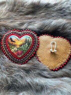 Handcrafted Red Heart Beaded Earrings - Floral Scenic Design